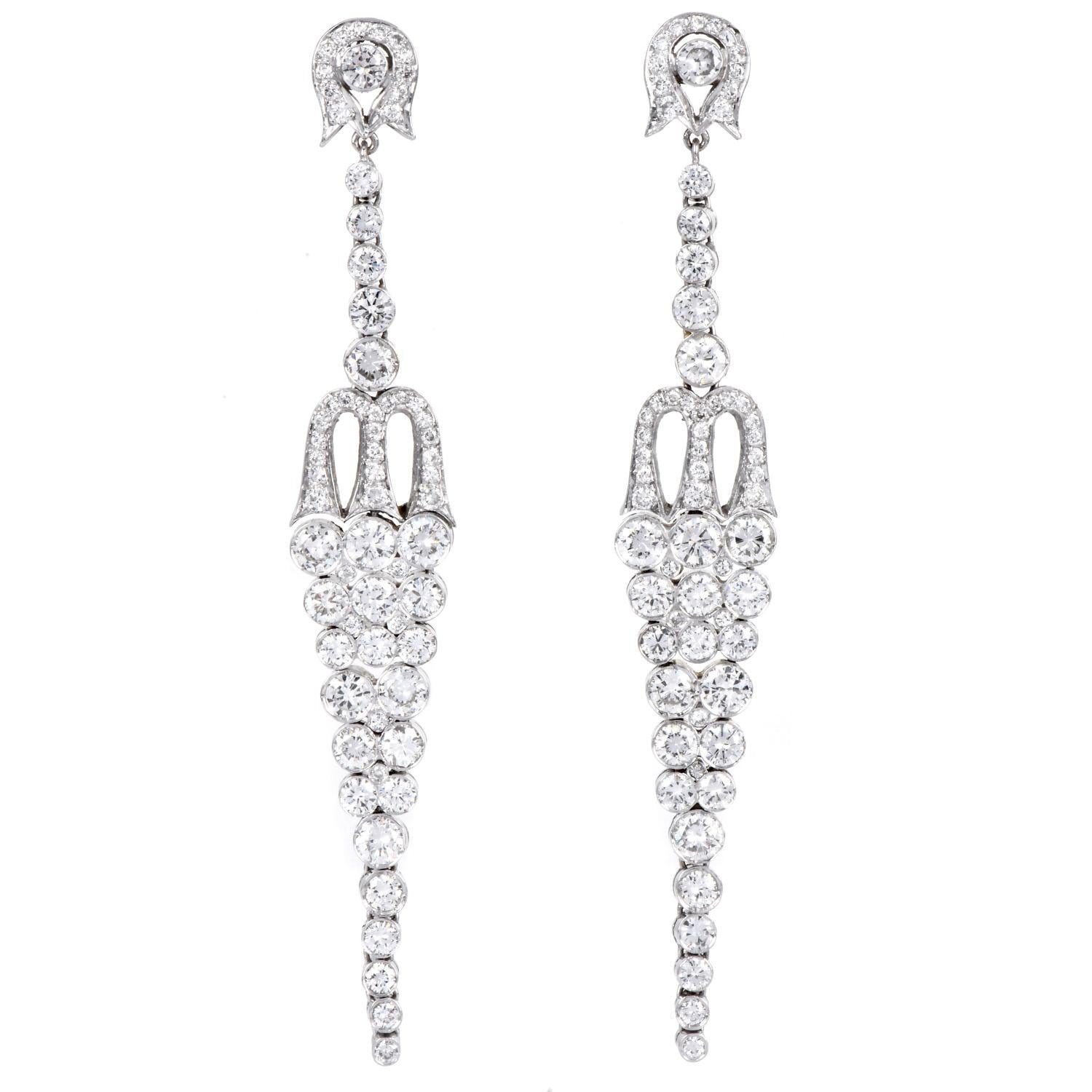 Vintage 10.48 cttw Diamond Platinum Cascading Drop Earrings For Sale