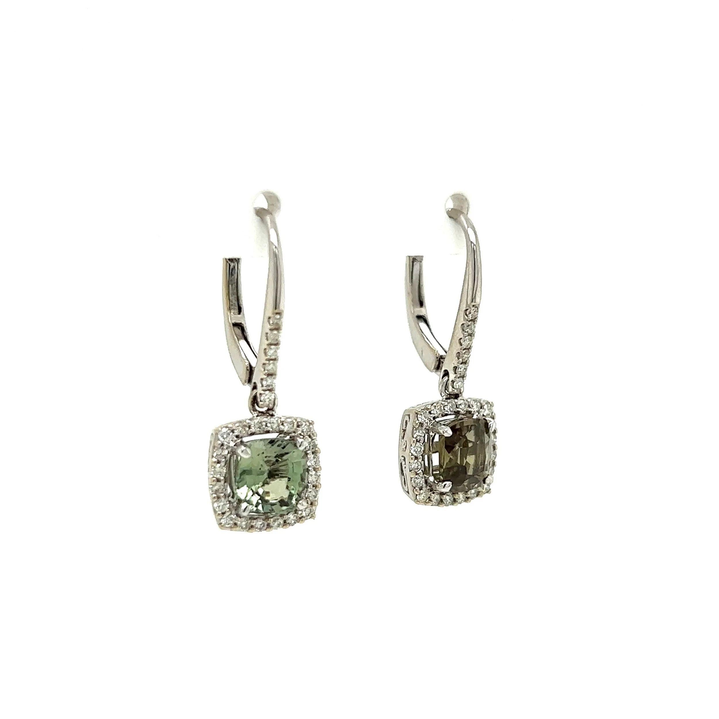 Simply Beautiful! Finely detailed Art Deco Revival Cushion Alexandrite and Diamond Platinum Halo Drop Earrings. Each earring Hand set with a Cushion Alexandrite Gemstone, weighing approx. 0.98ct & 1.05 Carat, 2.03tcw for both. Surrounded by