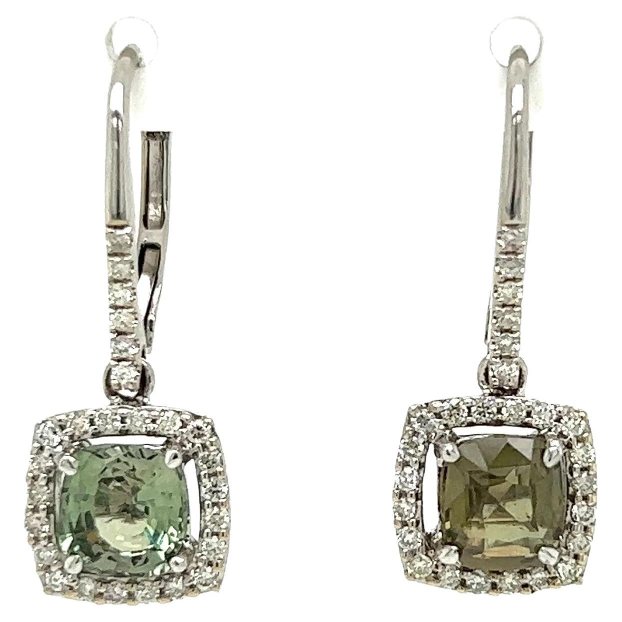 Vintage 1.05 Carat Cushion Alexandrite and Diamond Drop Gold Earrings For Sale