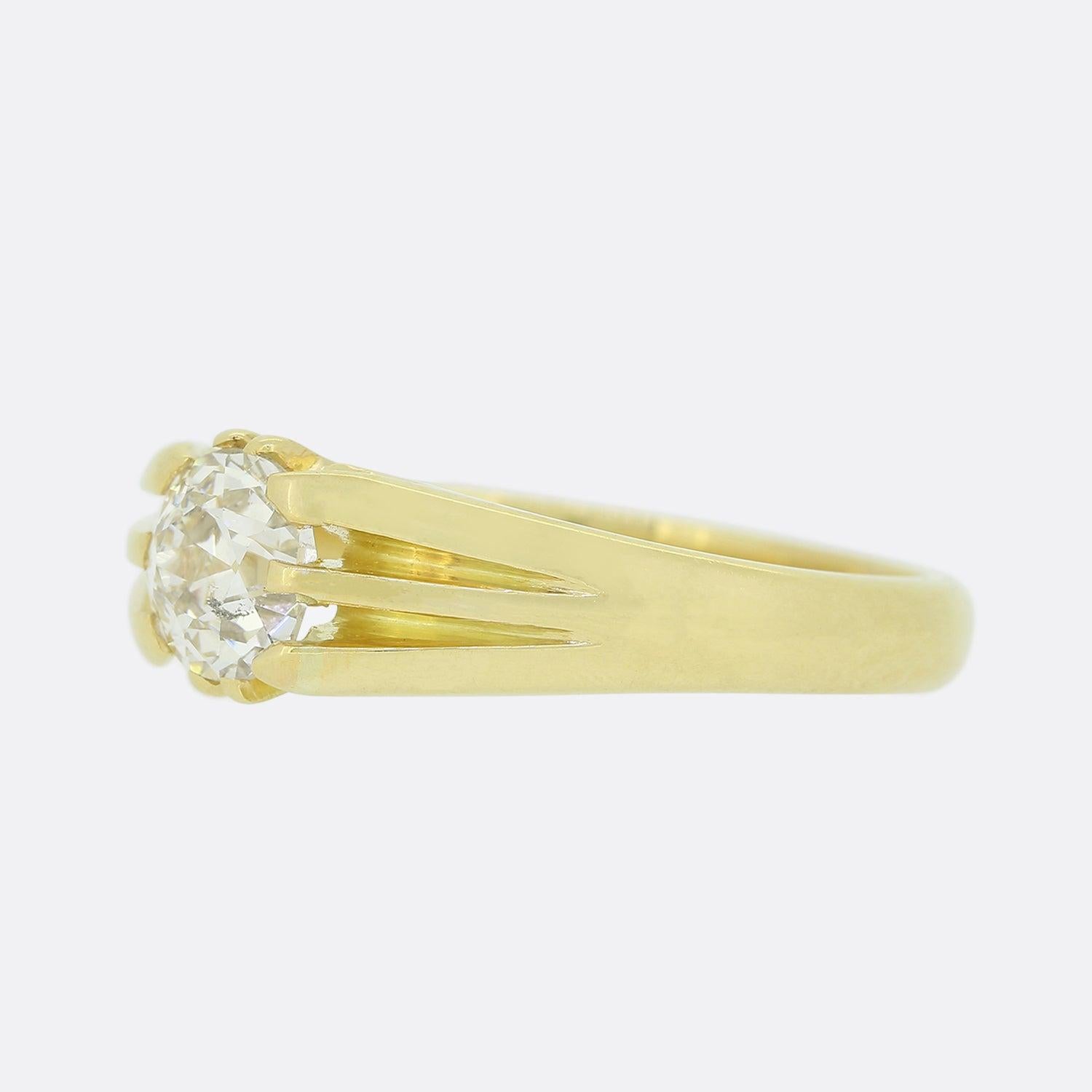 This is a vintage 18ct yellow gold gents diamond gypsy ring. The central diamond is a 1.05 carat old cut and sits it a clawed mount. 

Condition: Used (Very Good)
Weight: 8.15 grams
Size: W (65)
Band Width: 3mm - 7.5mm
Diamond: Approx. 1.05 carats,