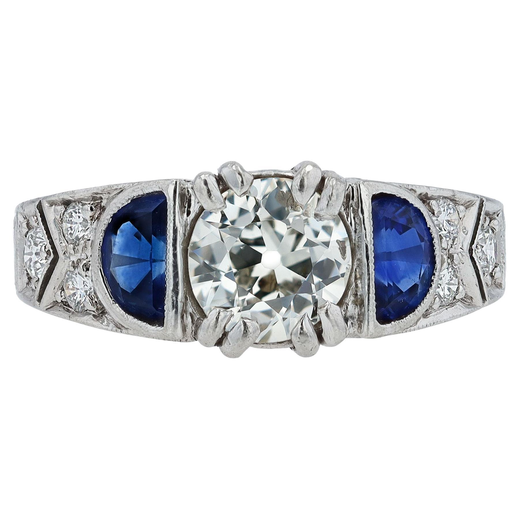 Vintage 1.05 Carat Old European Round Diamond & Sapphire Engagement Ring