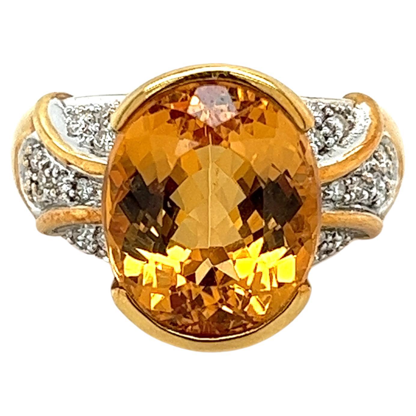 Vintage 10.5 Carat Oval Cut Precious Topaz & Curved Diamond Ring in 18k Gold  For Sale