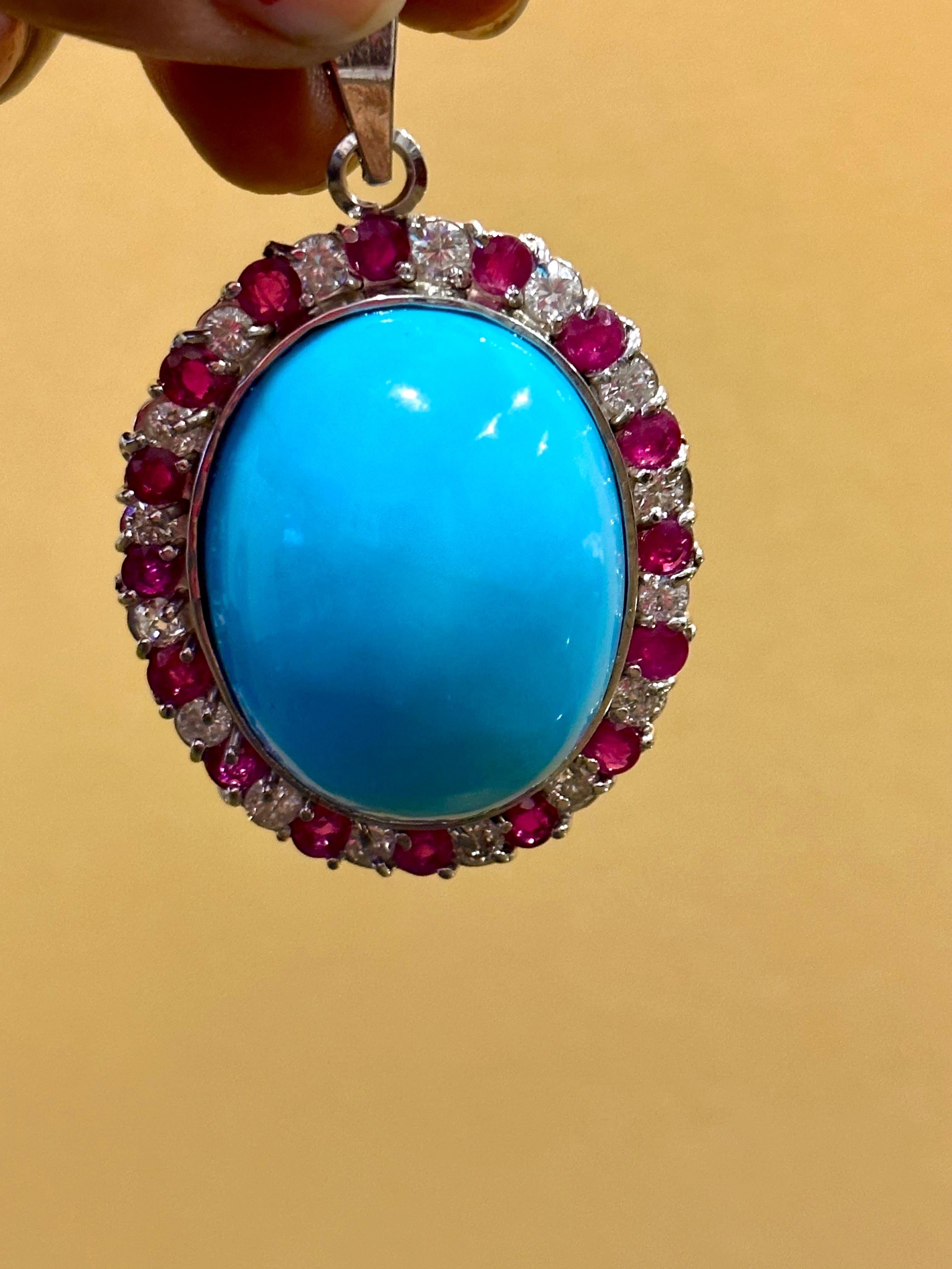 Cabochon GIA Certified 105 Ct Natural Oval  Turquoise, Ruby & Diamond Pendant, Sleeping B For Sale