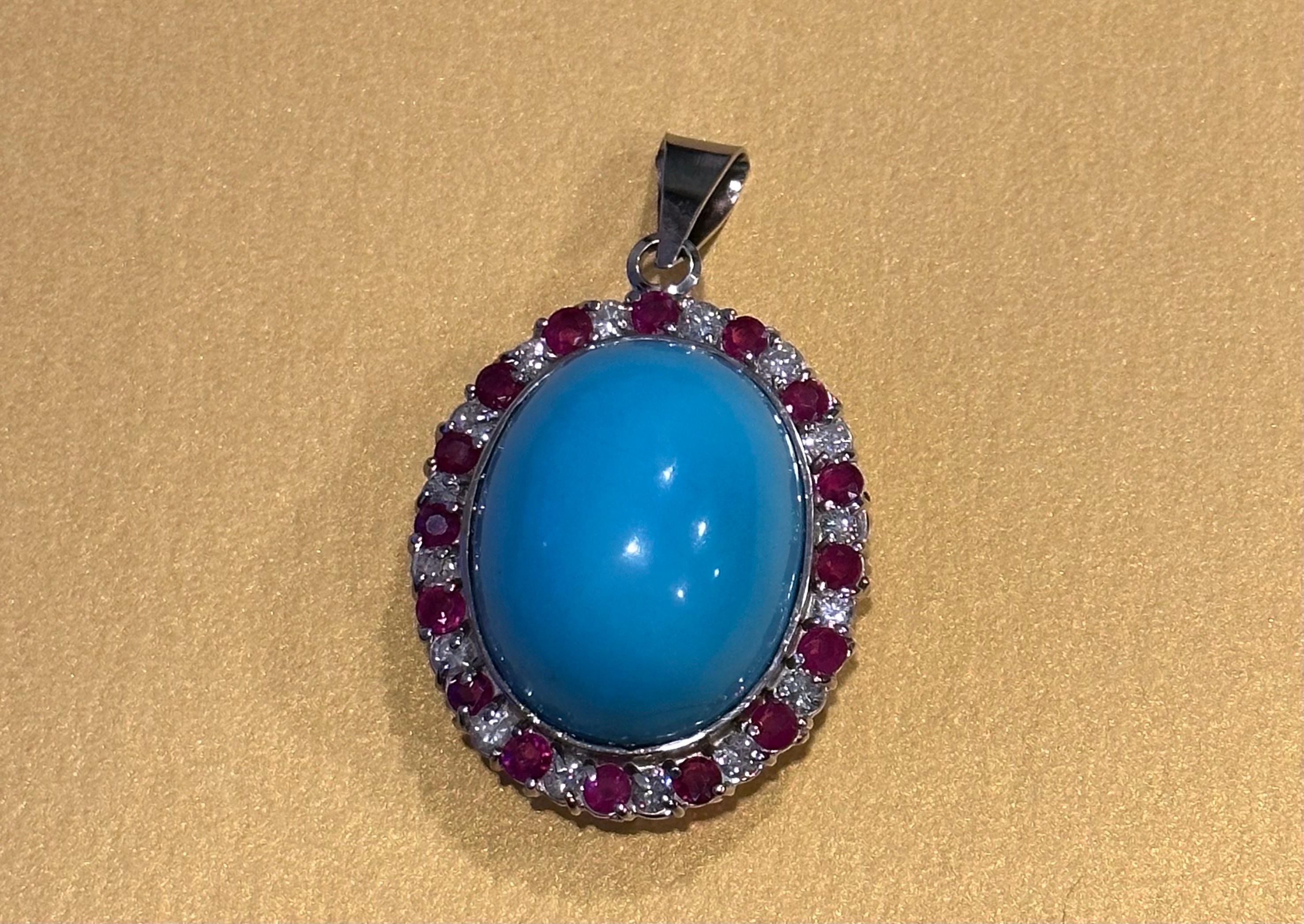 GIA Certified 105 Ct Natural Oval  Turquoise, Ruby & Diamond Pendant, Sleeping B For Sale 3