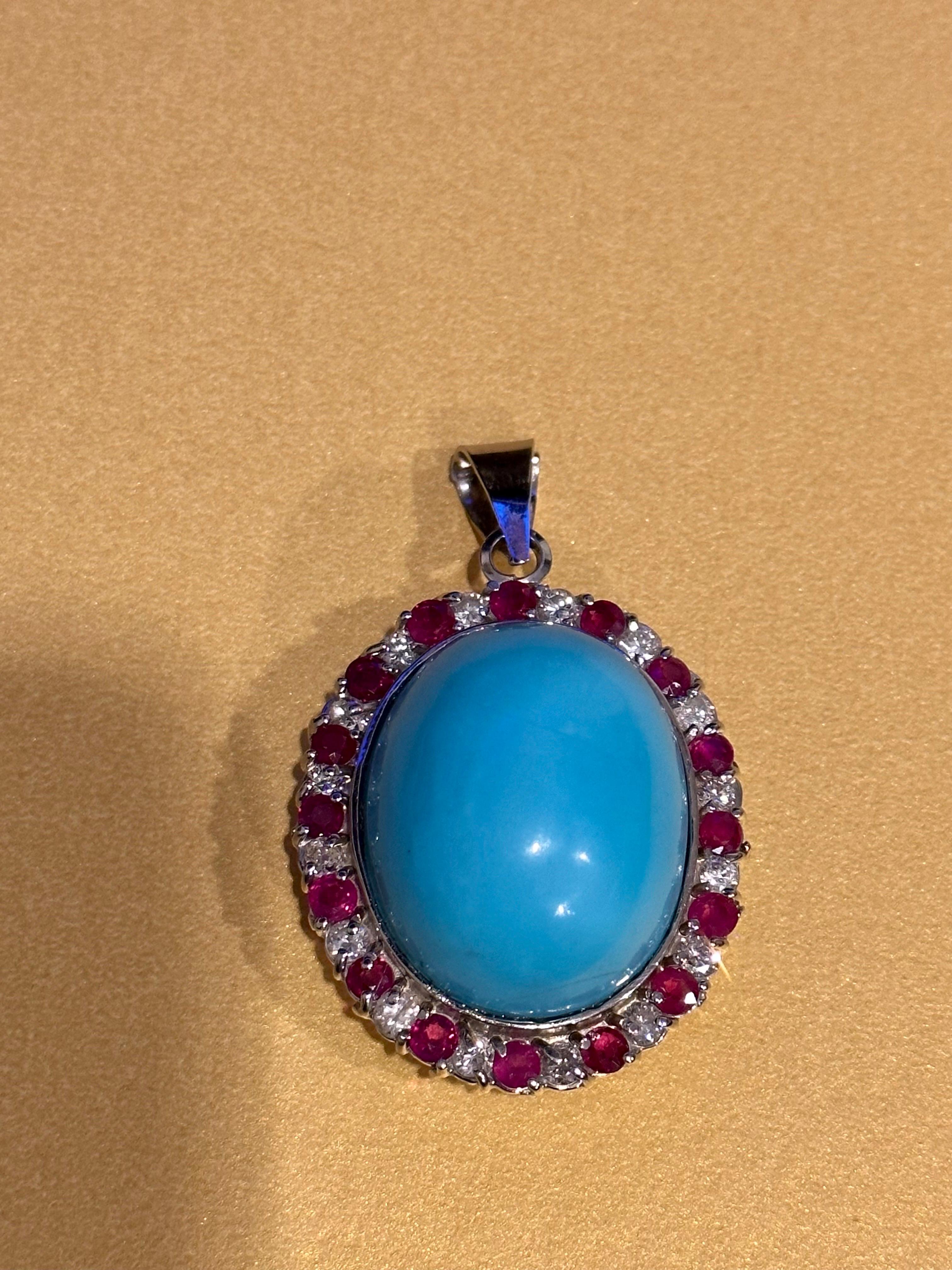 GIA Certified 105 Ct Natural Oval  Turquoise, Ruby & Diamond Pendant, Sleeping B For Sale 4