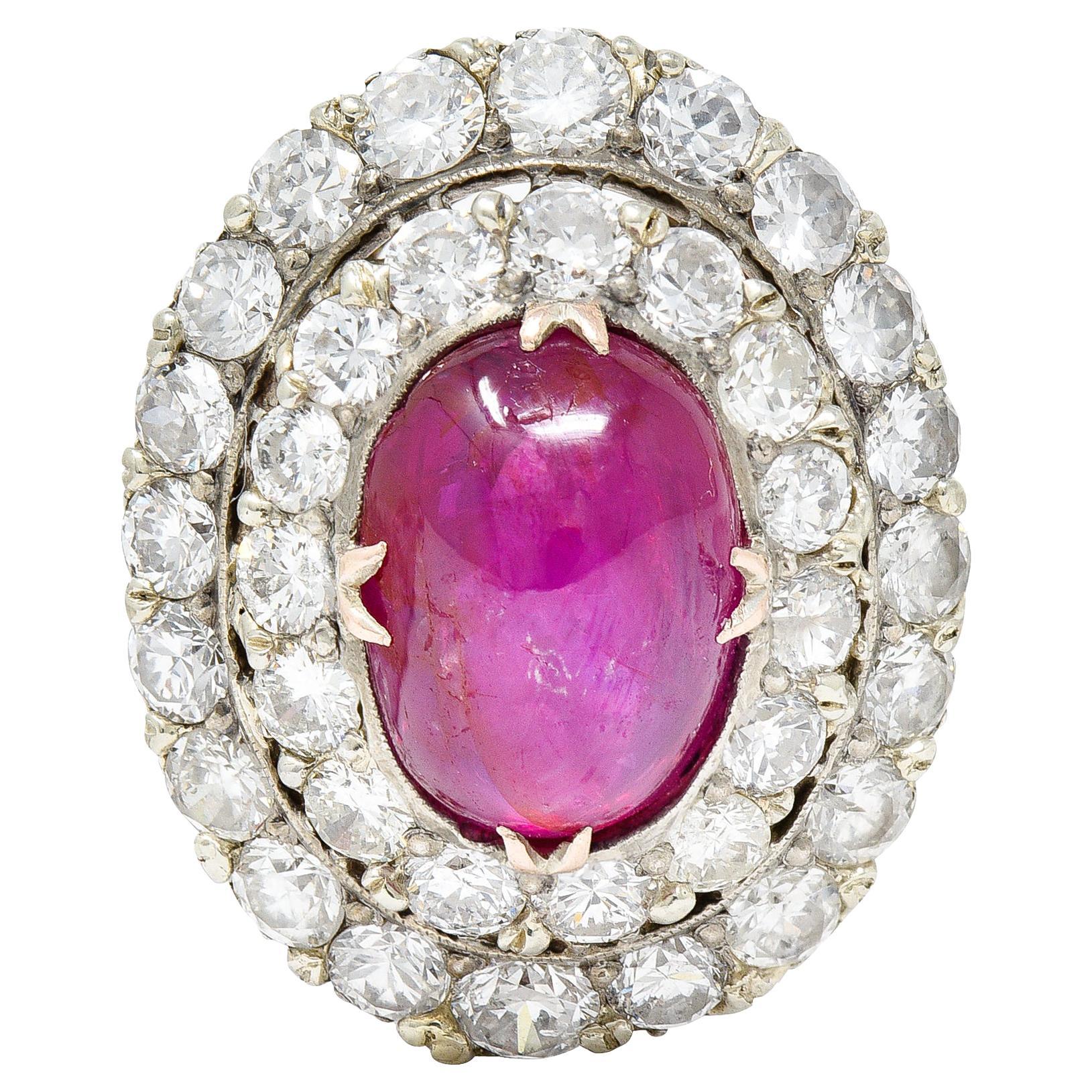 Vintage 10.55 Carats No Heat Burma Ruby Diamond Silver-Topped 14 Karat Ring
