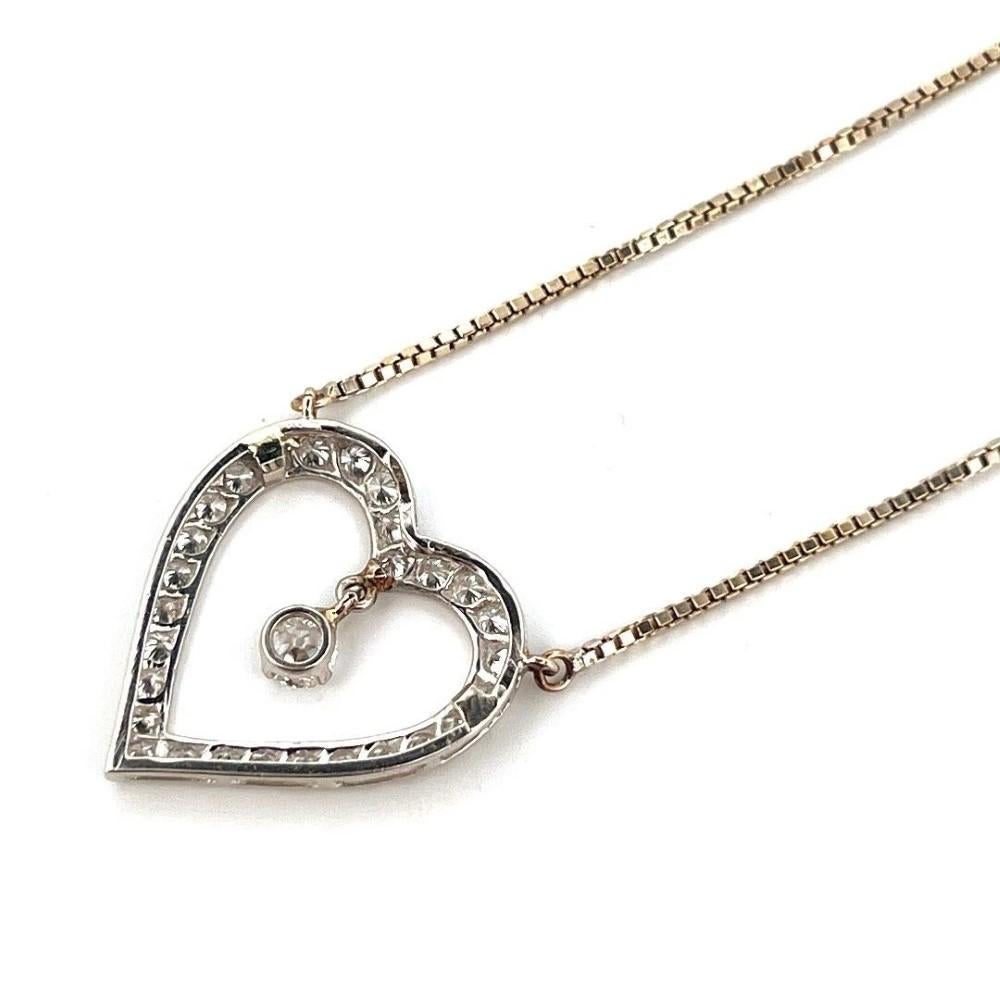 Vintage 1.05CTW Old European Cut Natural Diamond Pave Open Heart Dangle Necklace In Good Condition For Sale In Carmel By The Sea, CA