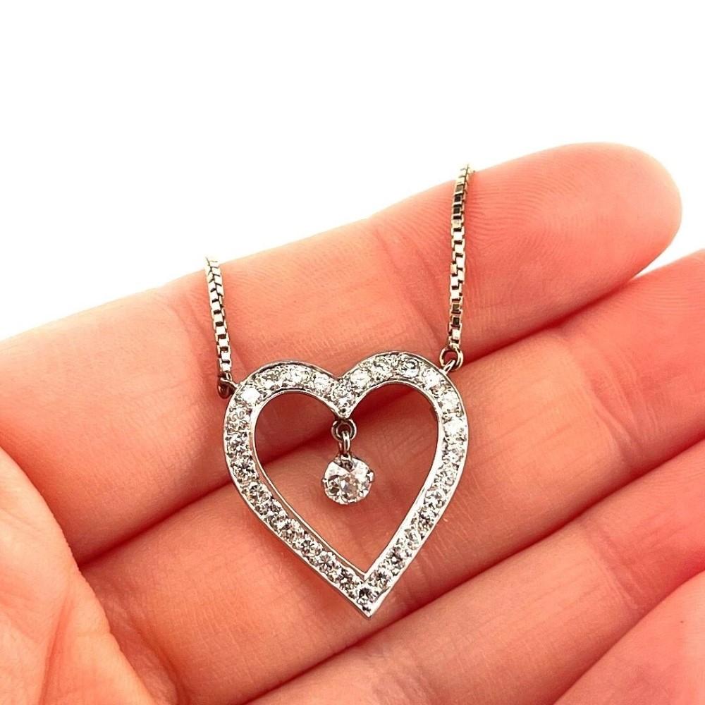 Women's Vintage 1.05CTW Old European Cut Natural Diamond Pave Open Heart Dangle Necklace For Sale