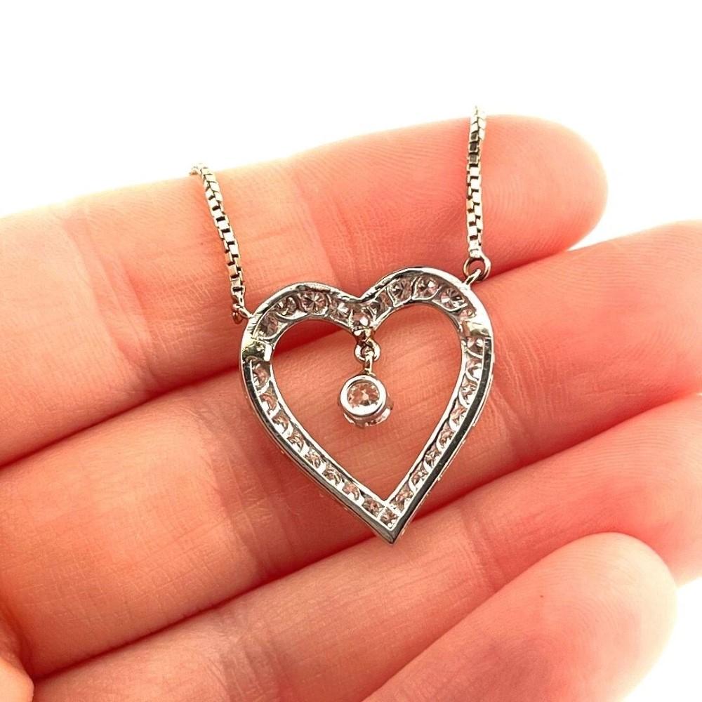 Vintage 1.05CTW Old European Cut Natural Diamond Pave Open Heart Dangle Necklace For Sale 2
