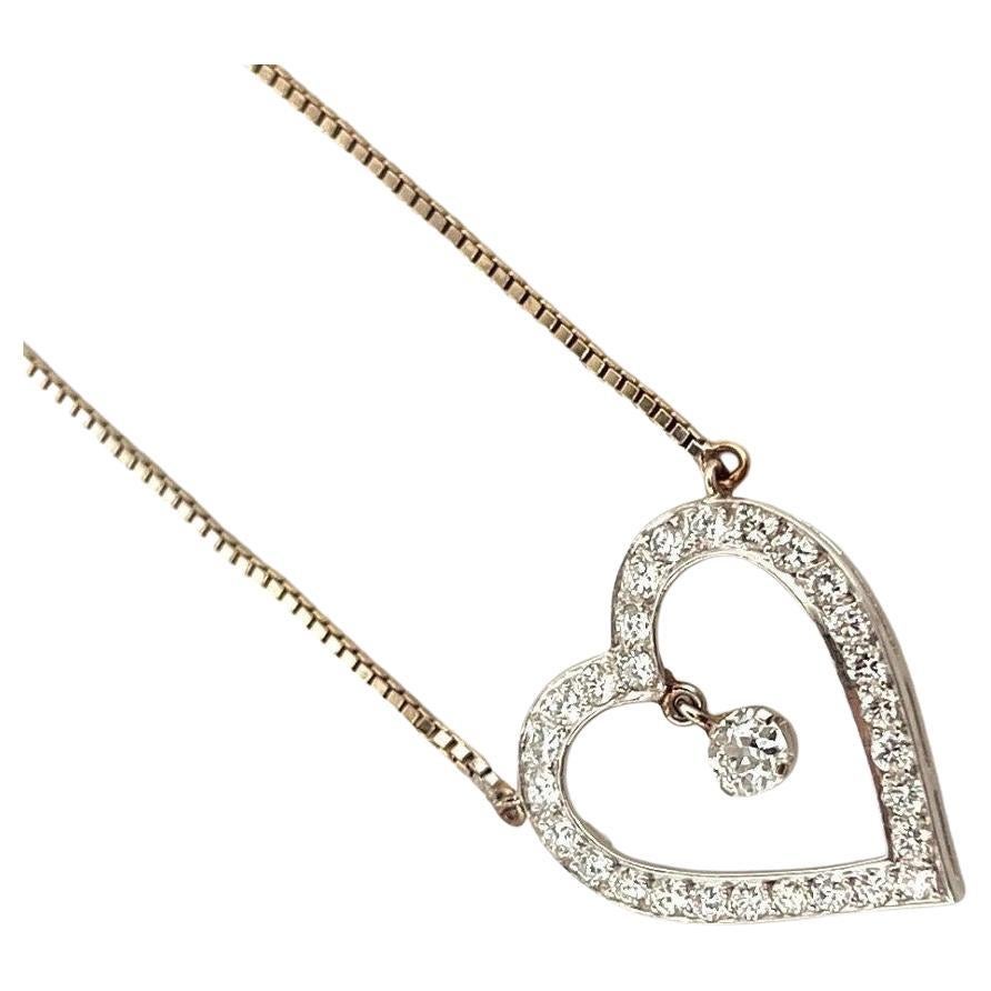 Vintage 1.05CTW Old European Cut Natural Diamond Pave Open Heart Dangle Necklace For Sale