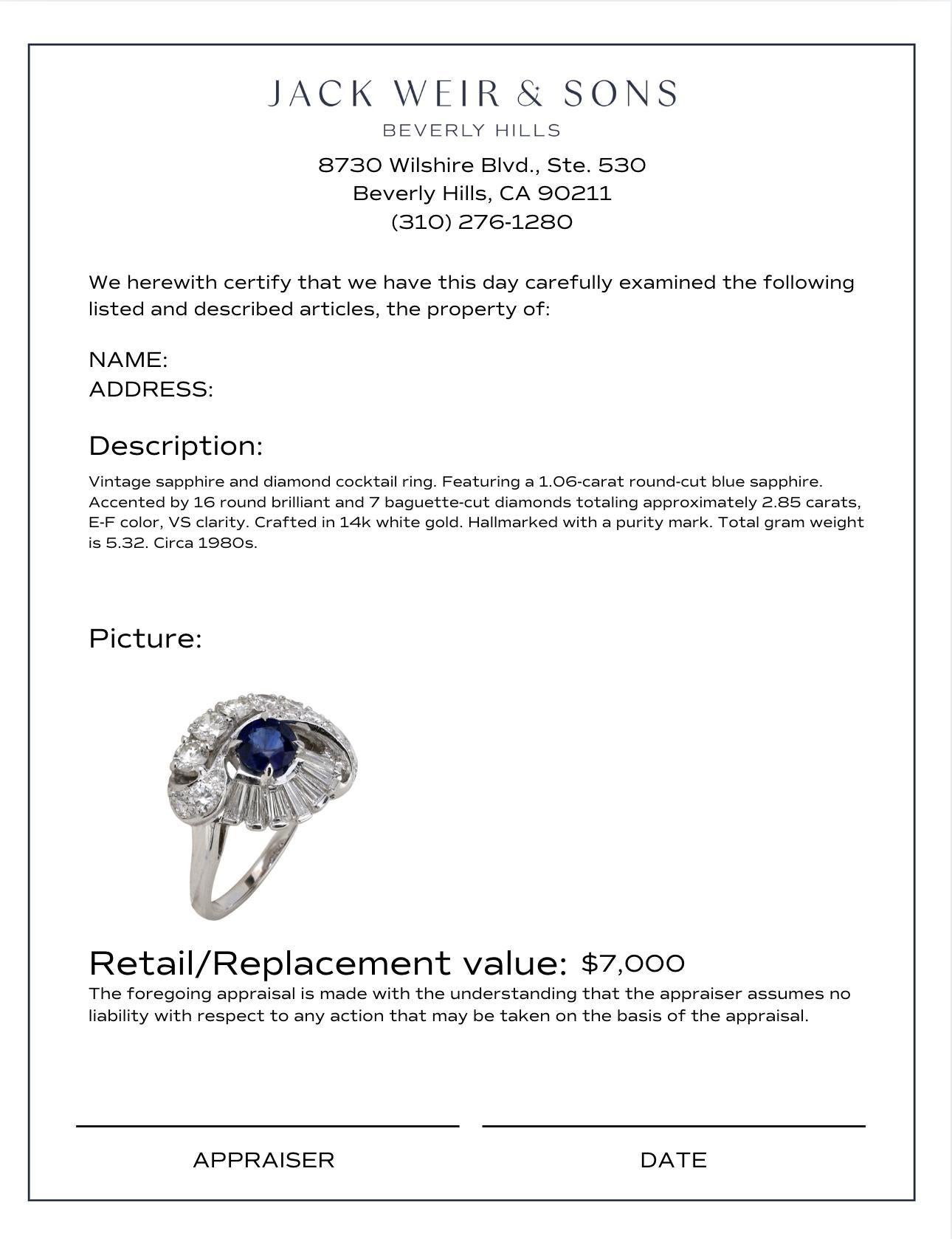 Cocktailring aus 14 Karat Weißgold mit 1,06 Karat Saphir und Diamant für Damen oder Herren im Angebot