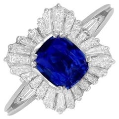 Retro 1.06ct Cushion Cut Sapphire Engagement Ring, Diamond Halo, Platinum