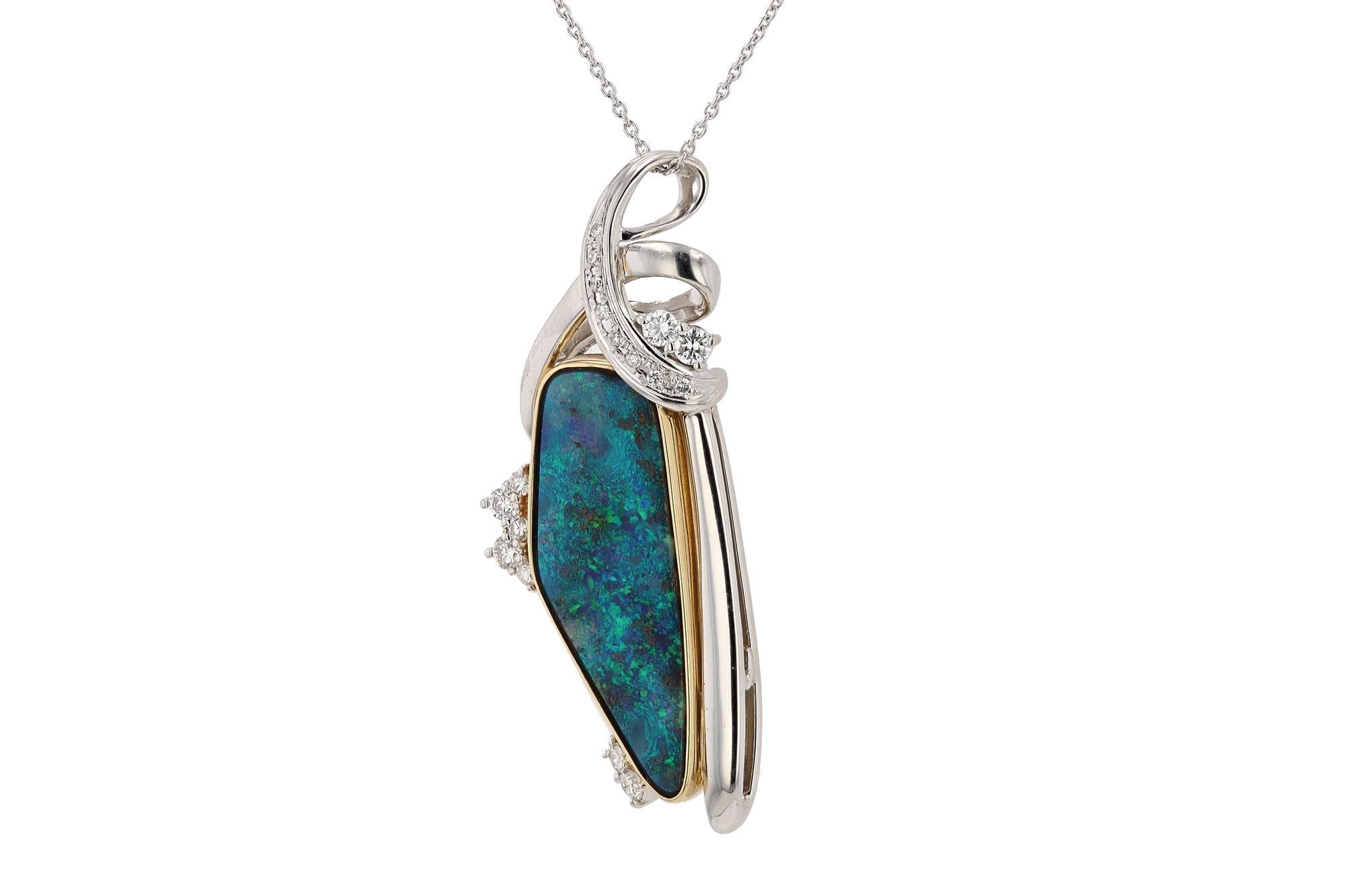 Contemporary Vintage 10.74 Carat Boulder Opal and Diamond Pendant Necklace For Sale