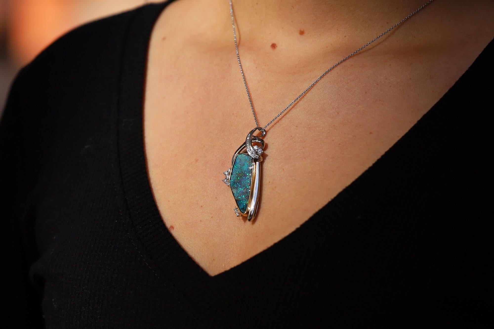 Rough Cut Vintage 10.74 Carat Boulder Opal and Diamond Pendant Necklace For Sale