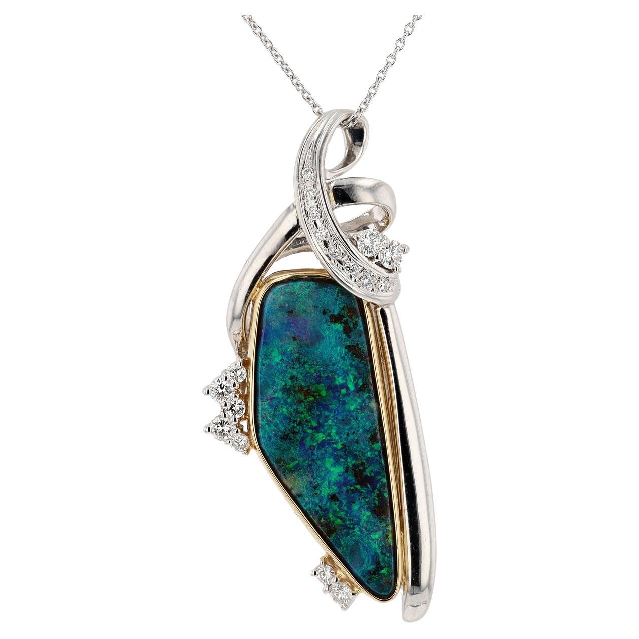 Vintage 10.74 Carat Boulder Opal and Diamond Pendant Necklace For Sale