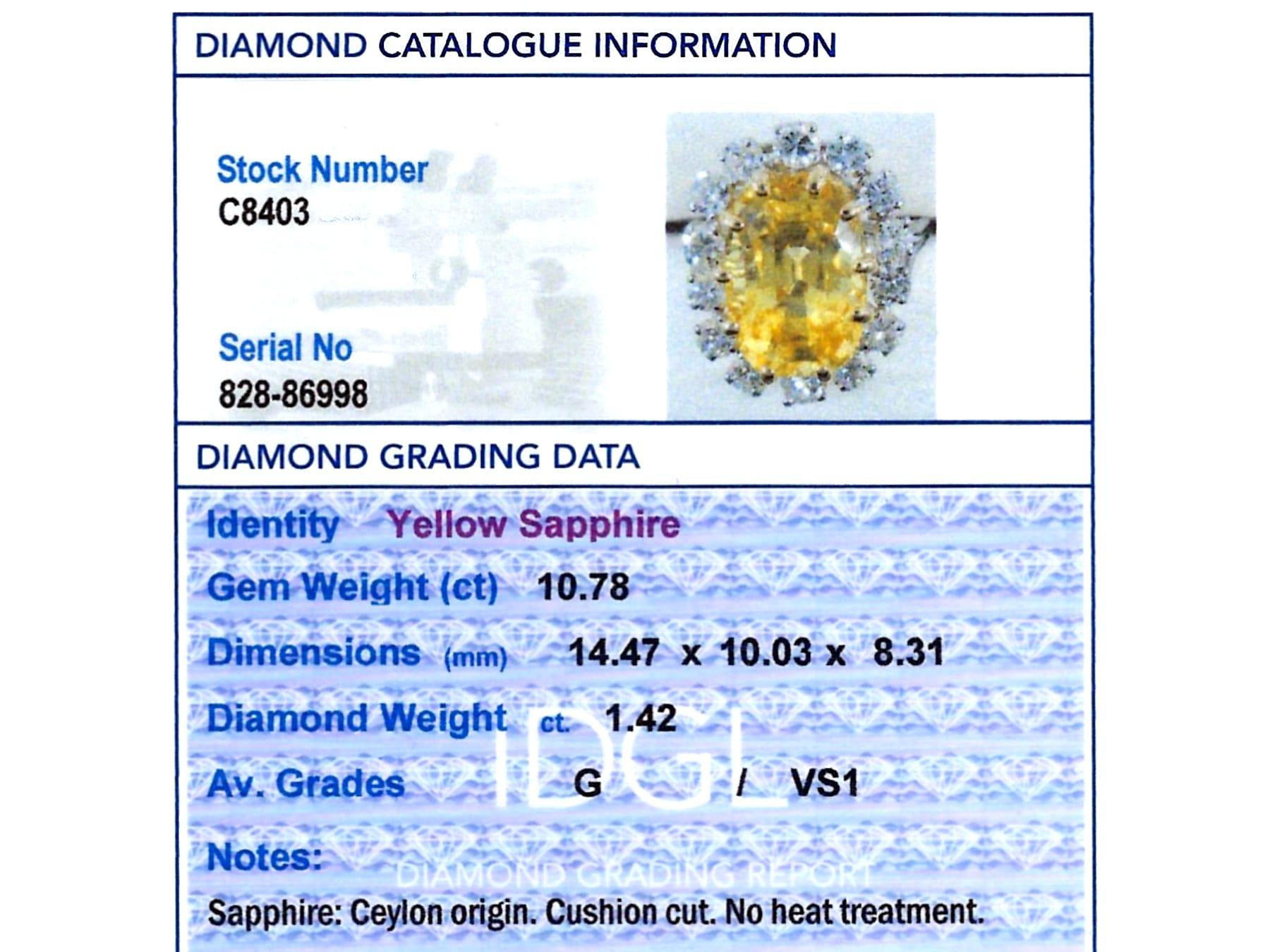 Vintage 10.78ct Ceylon Yellow Sapphire and 1.42ct Diamond Platinum Dress Ring For Sale 7