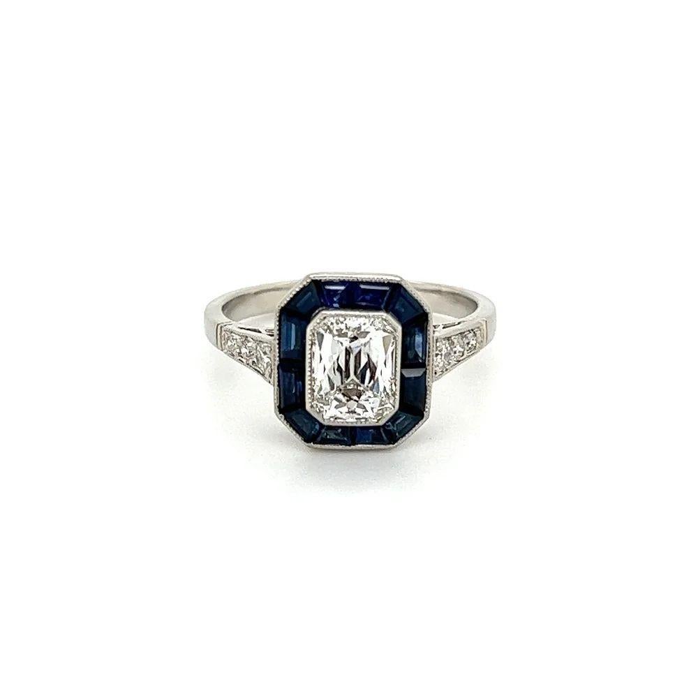Art Deco Vintage 1.08 Carat Criss-Cut GIA Diamond and Sapphire Platinum Cocktail Ring For Sale
