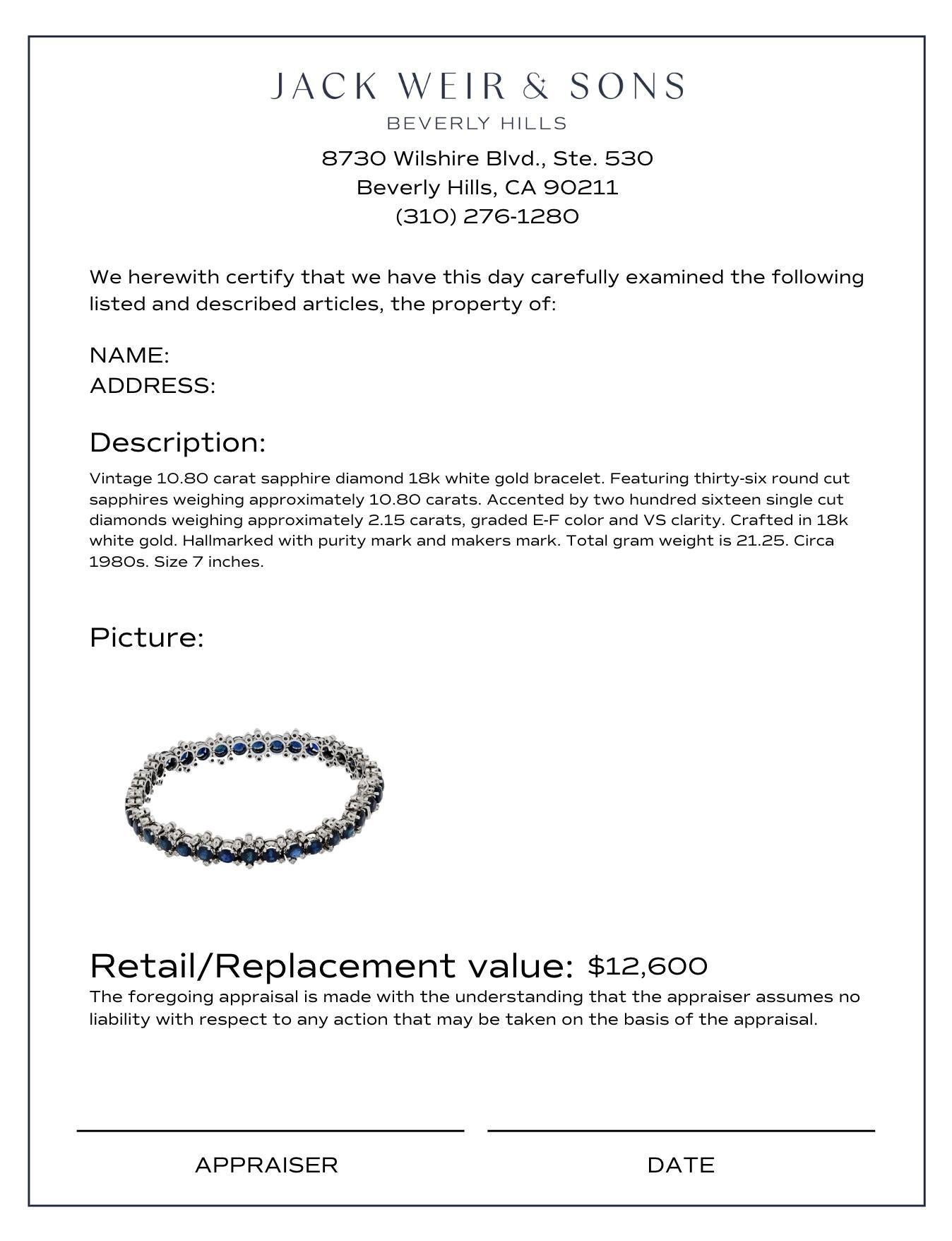 Bracelet vintage en or blanc 18 carats avec saphirs et diamants de 10,80 carats Bon état - En vente à Beverly Hills, CA