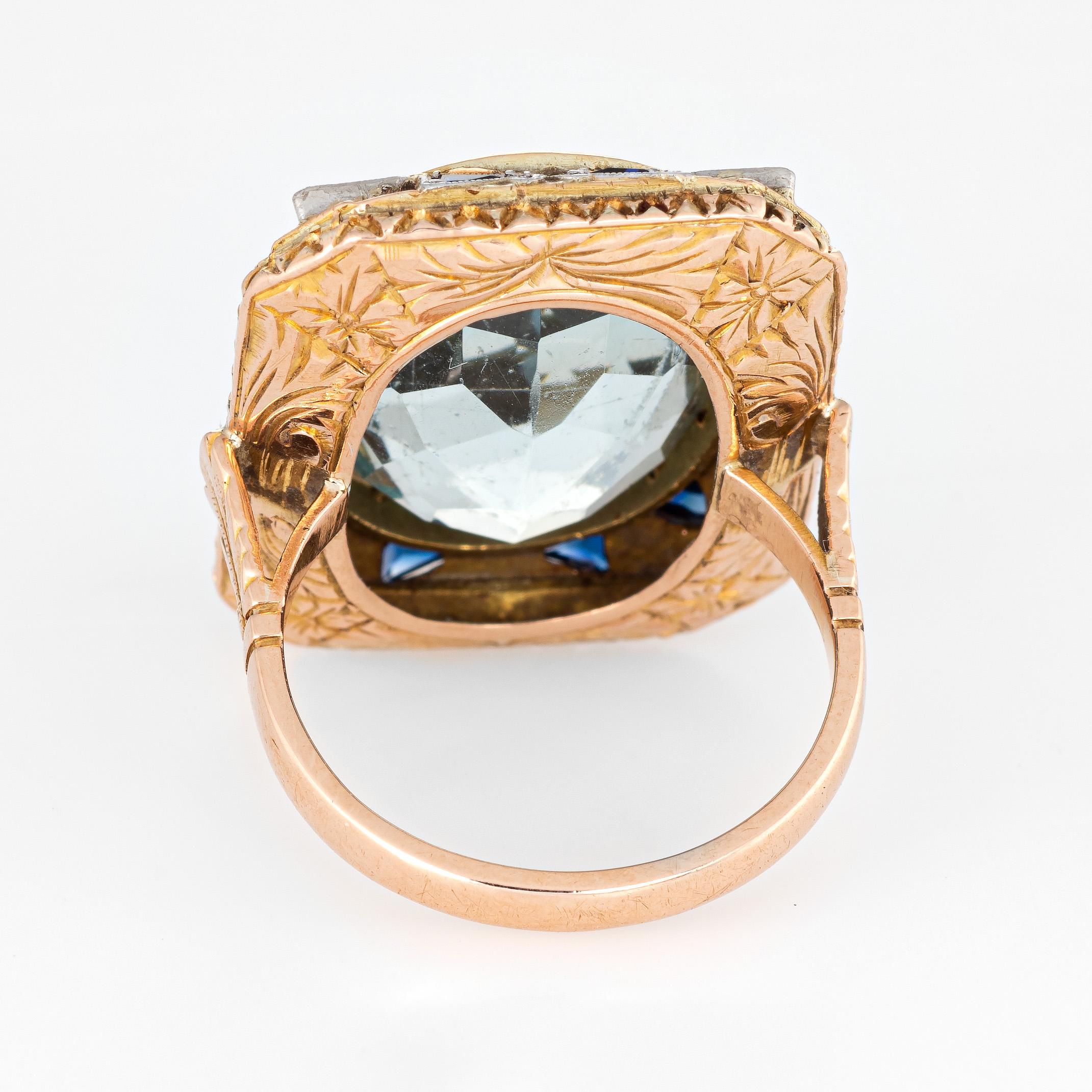 Art Deco Vintage 10 Carat Aquamarine Sapphire Ring 18 Karat Gold Square Antique Jewelry