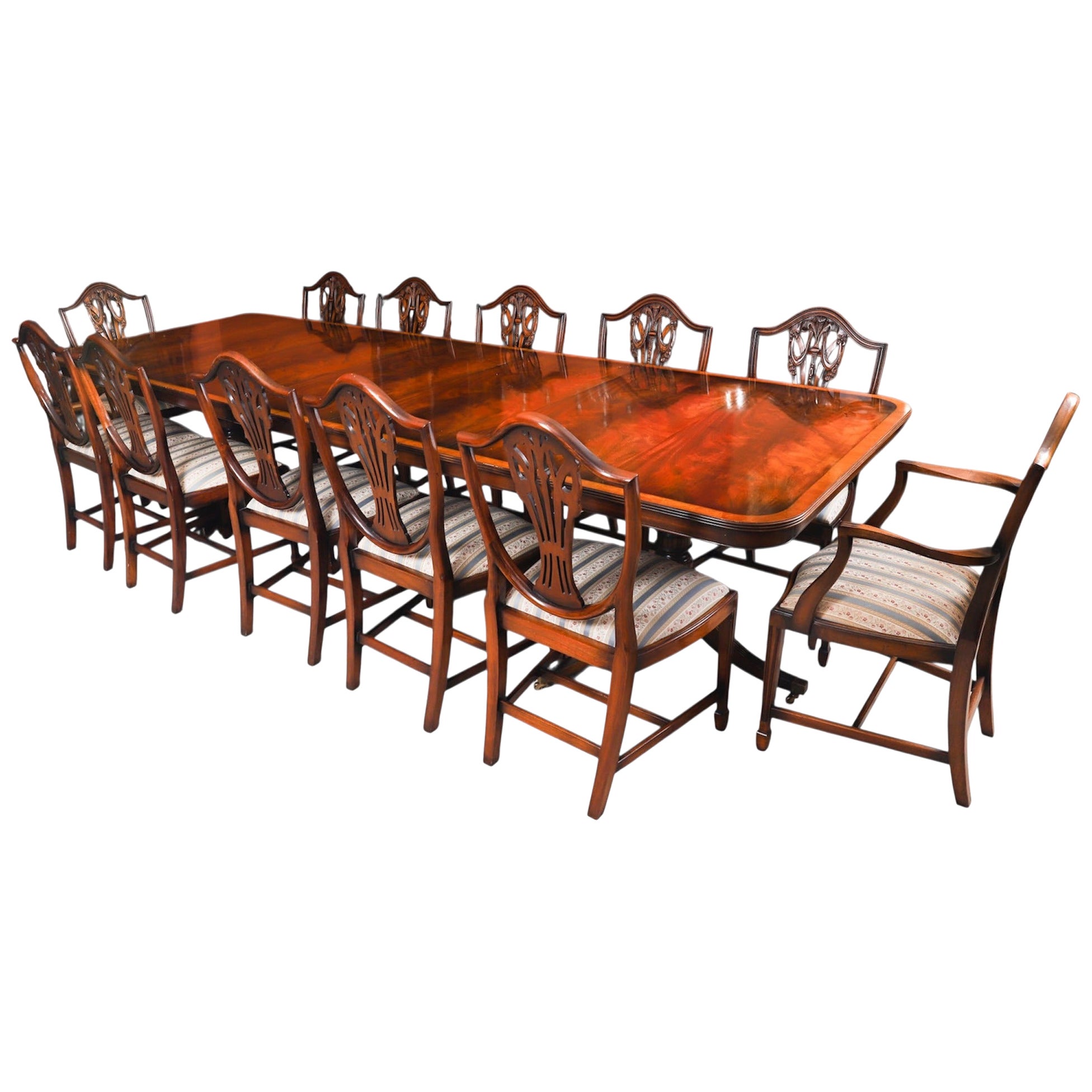 Vintage 10ft6" Twin Pillar Mahogany DiningTable & 12ShieldbackChairs 20thCentury