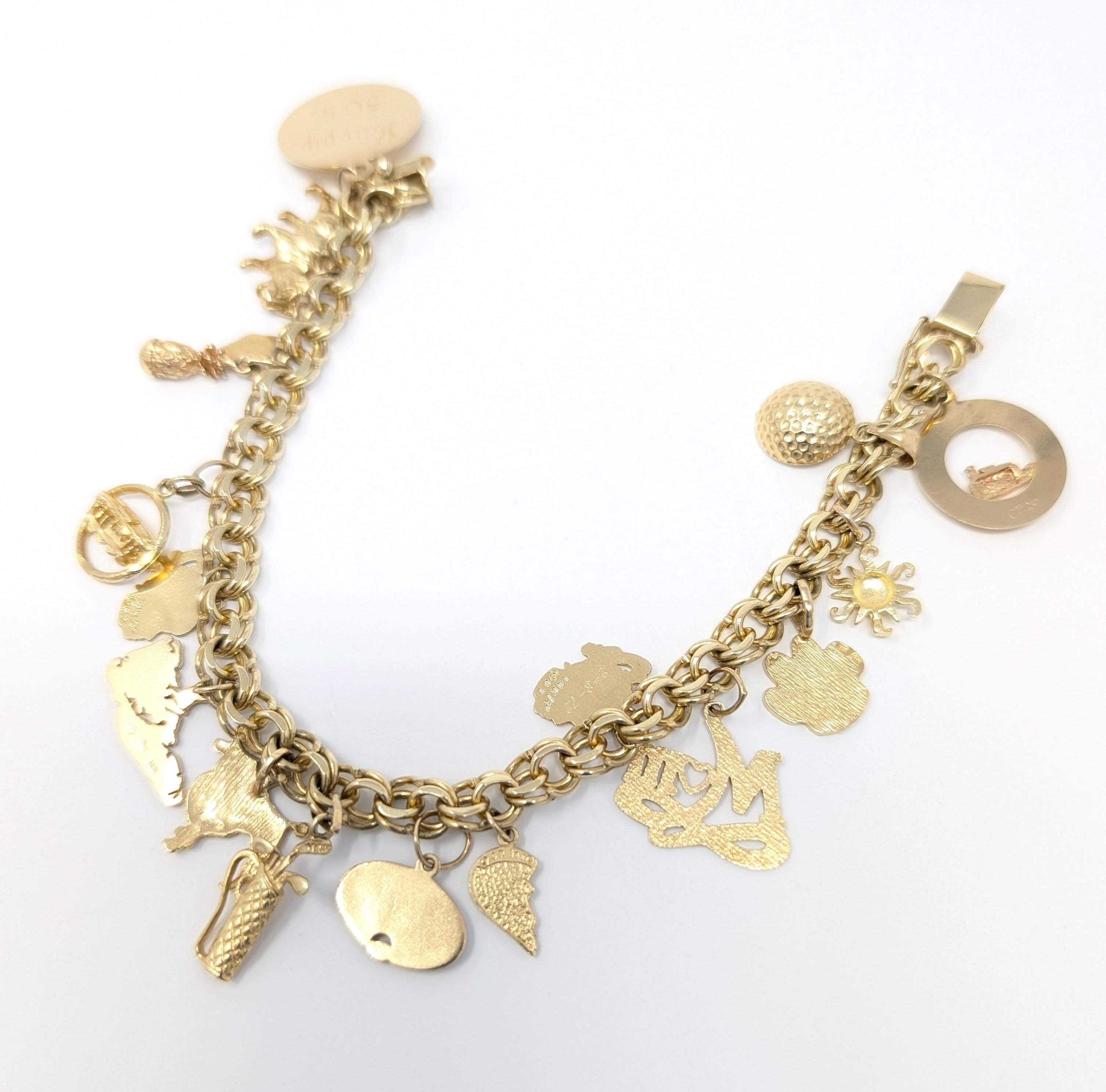 Vintage 10k Kettenarmband aus massivem Gelbgold mit 14k Charms aus Gelbgold mit feinem Schmuck, Golf im Angebot 2