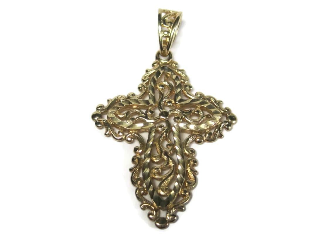 Art Nouveau Vintage 10K Diamond Cut Filigree Cross Pendant For Sale