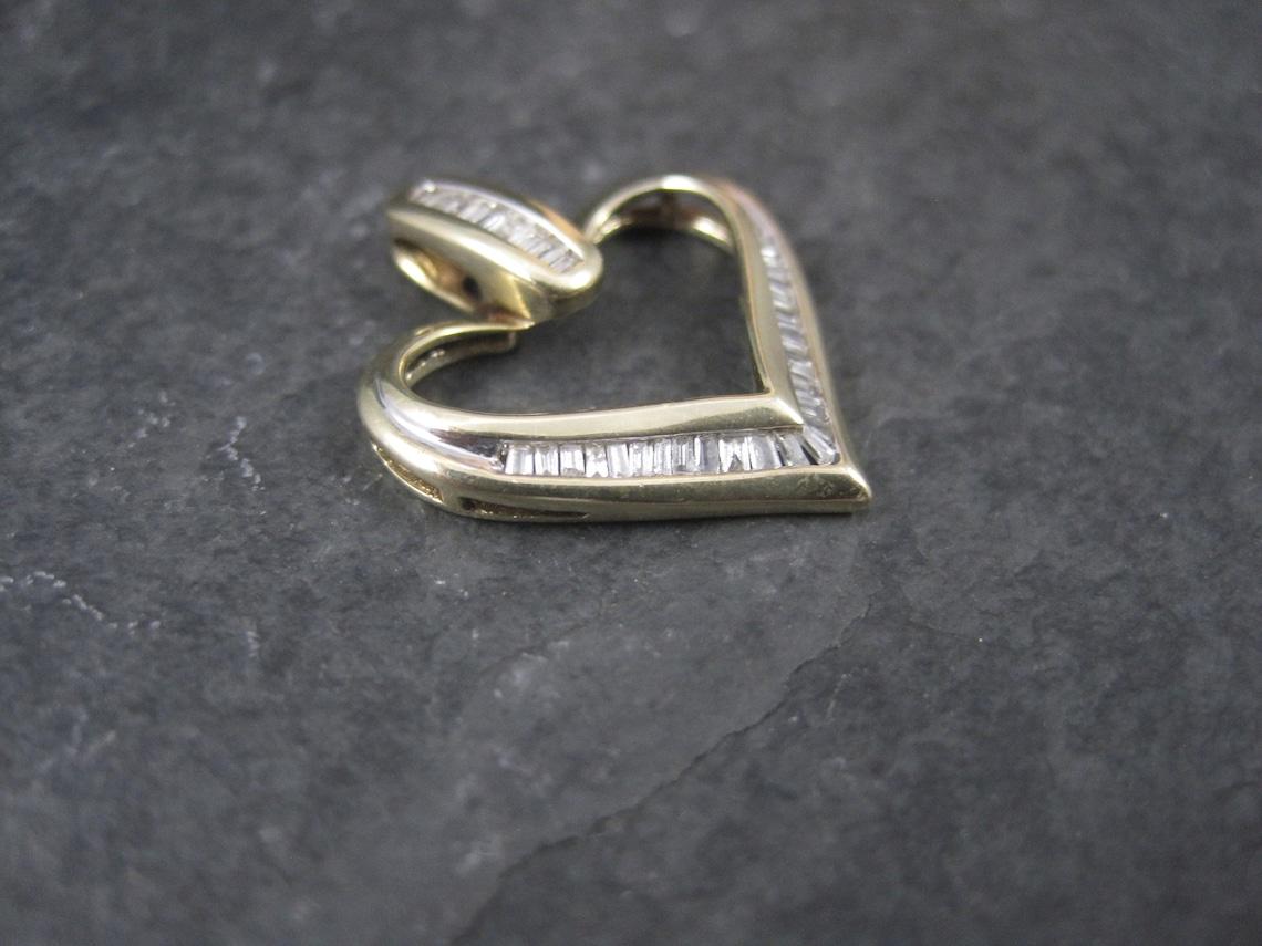 Baguette Cut Vintage 10K Diamond Heart Pendant For Sale