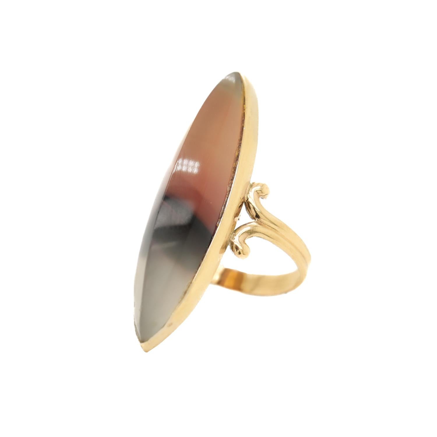 Women's Vintage 10K Gold & Agate Navette Cabochon Ring For Sale