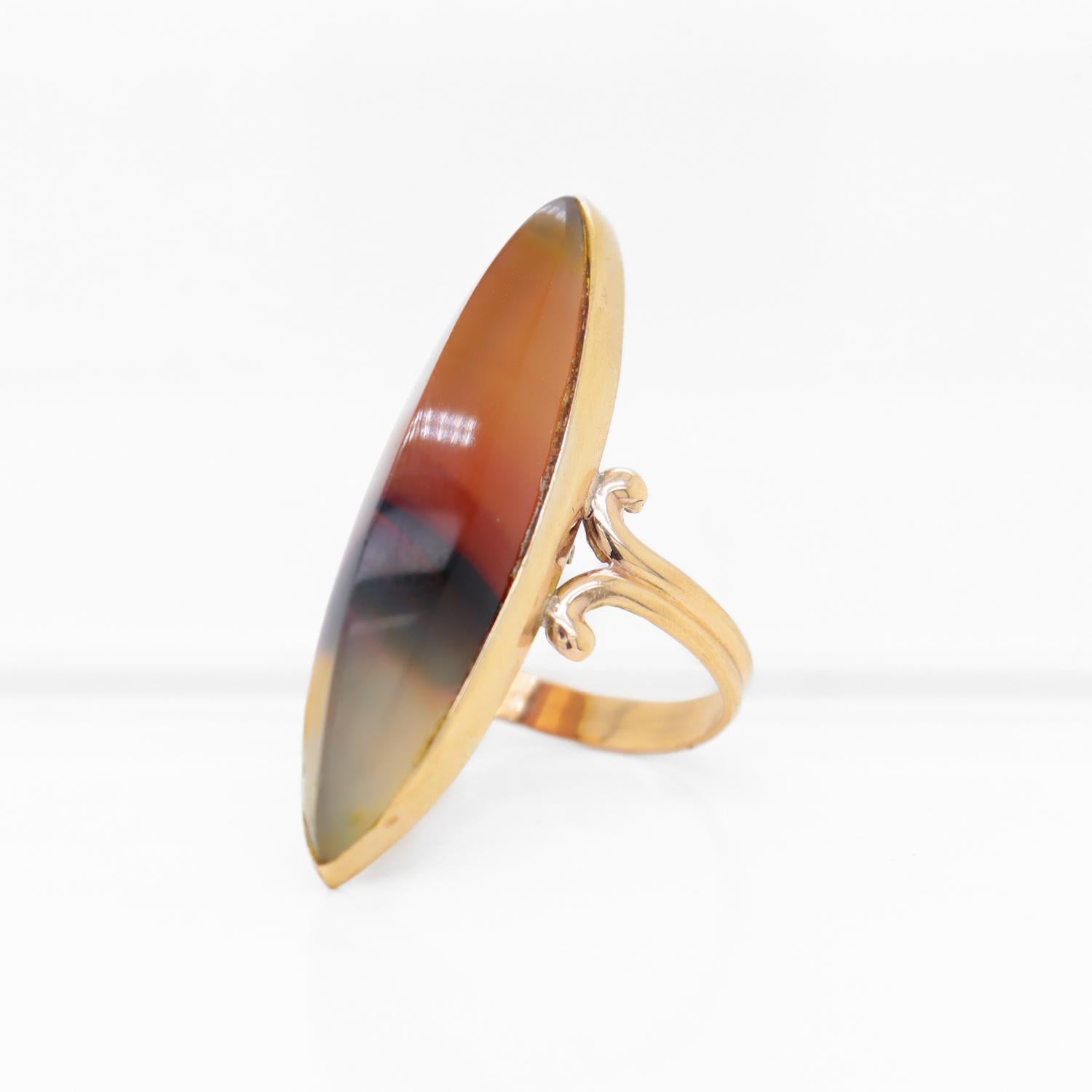 Vintage 10K Gold & Agate Navette Cabochon Ring For Sale 1