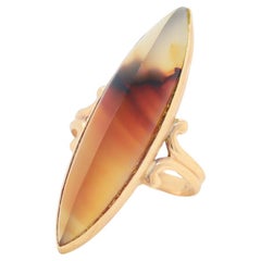 Vintage 10K Gold & Agate Navette Cabochon Ring
