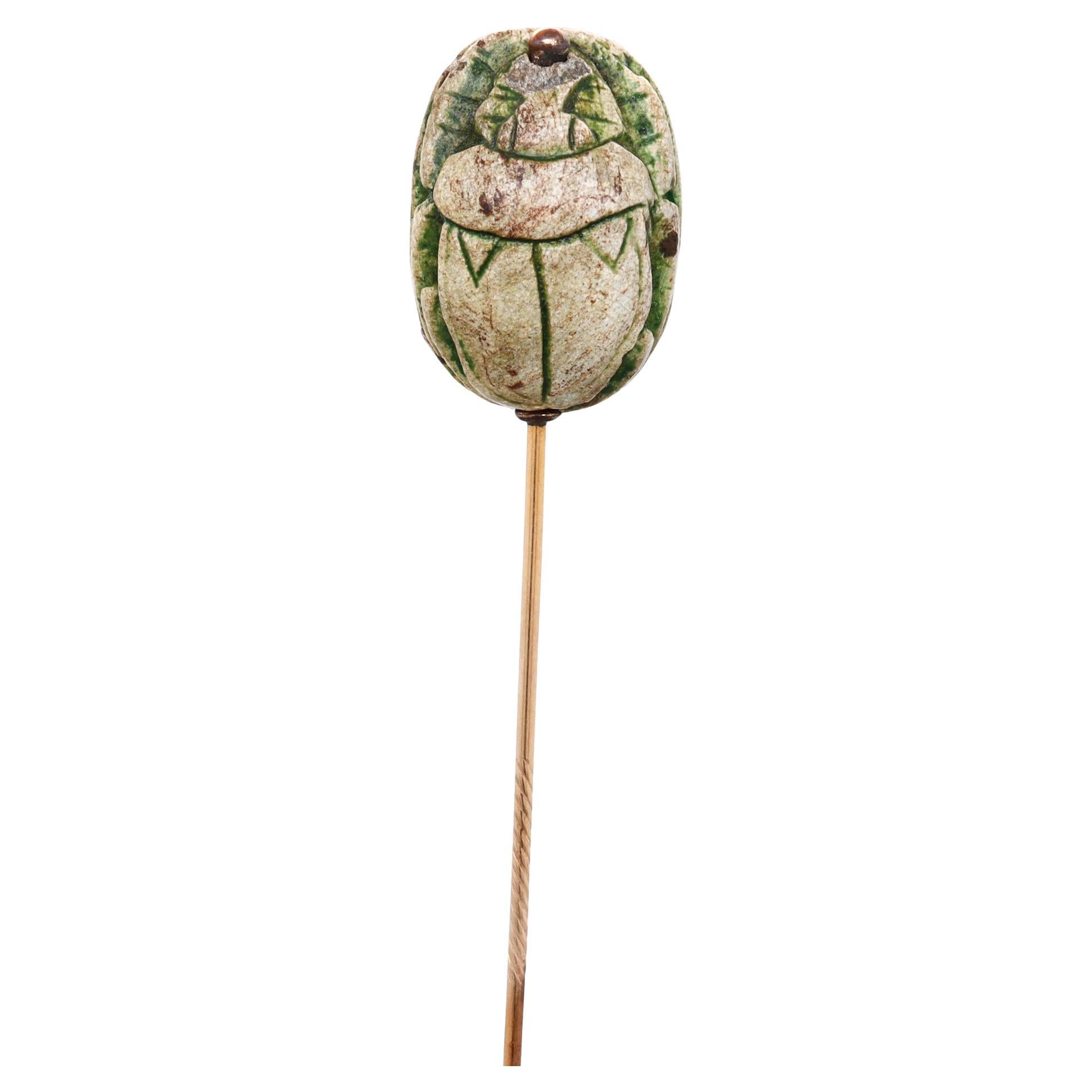 Vintage 10k Gold And Faience Pottery Scarab Beetle Stick Pin
