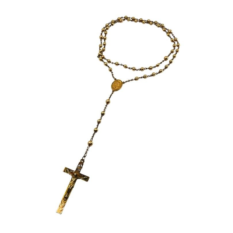 Vintage 10k Gold Beaded Rosary Necklace Medallion & Crucifix In Good Condition For Sale In Beverly Hills, CA