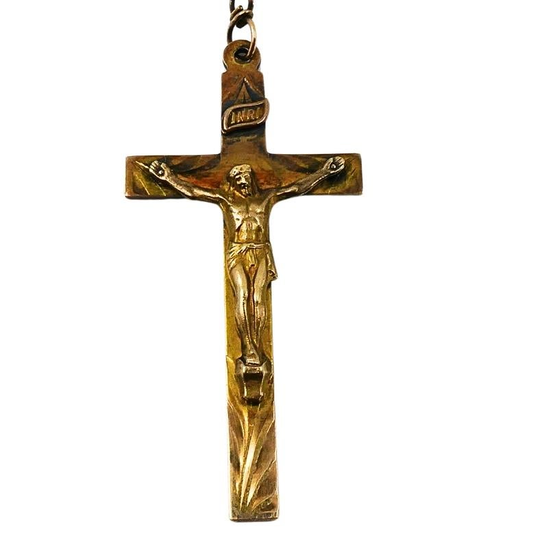 Women's or Men's Vintage 10k Gold Beaded Rosary Necklace Medallion & Crucifix For Sale