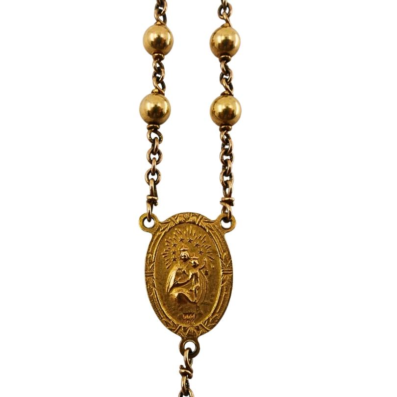 Vintage 10k Gold Beaded Rosary Necklace Medallion & Crucifix For Sale 3