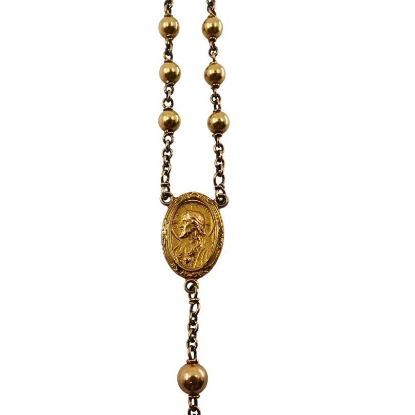 Vintage 10k Gold Beaded Rosary Necklace Medallion & Crucifix For Sale 4