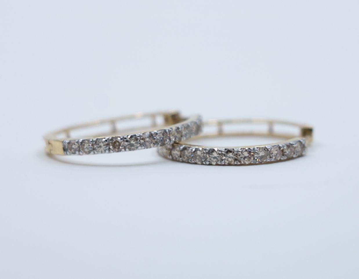 Round Cut Vintage 10K Gold Diamond Hoop Earrings For Sale