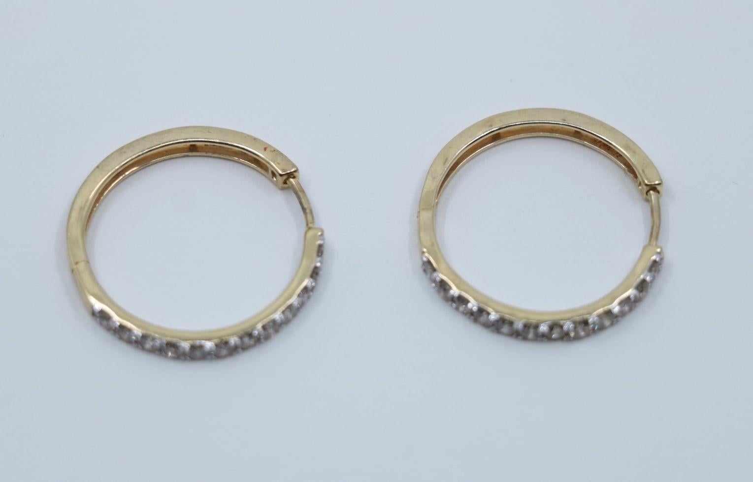Women's Vintage 10K Gold Diamond Hoop Earrings For Sale