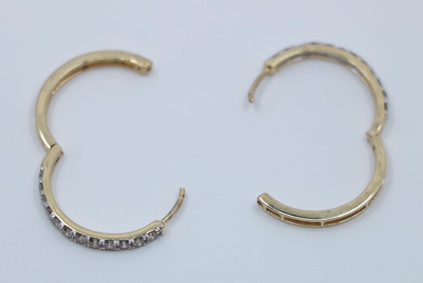 Vintage 10K Gold Diamond Hoop Earrings For Sale 1