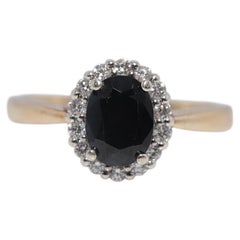 Anello vintage in oro 10k con diamanti naturali e zaffiro a taglio ovale