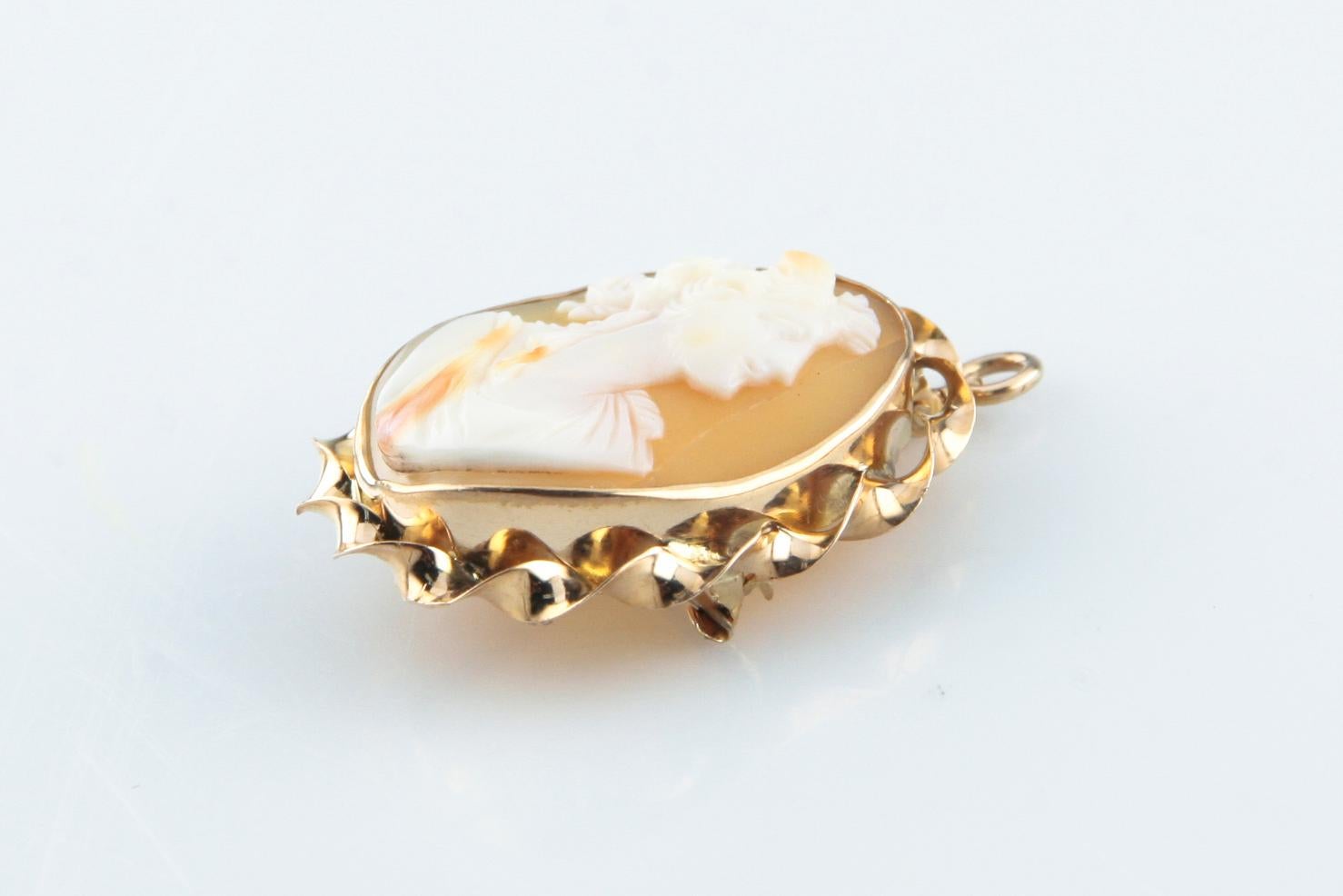 Bright Finish
Features a Carved Shell Cameo, Depicting the Dextral Formal Profile of a Woman
Measures 25 x 20 mm, 3.85 grams
Bezel Set Within a 10kt Yellow Gold Frame
Pin Shaft Holder and a Retracting Bail are On the Reverse Side of the Pendant