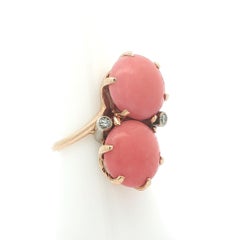 Vintage 10K Gold Round 13mm Button Coral & Diamond Large Bypass Ring