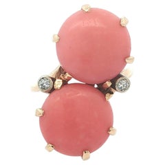 Vintage 10K Gold Round 13mm Button Coral & Diamond Large Bypass Ring