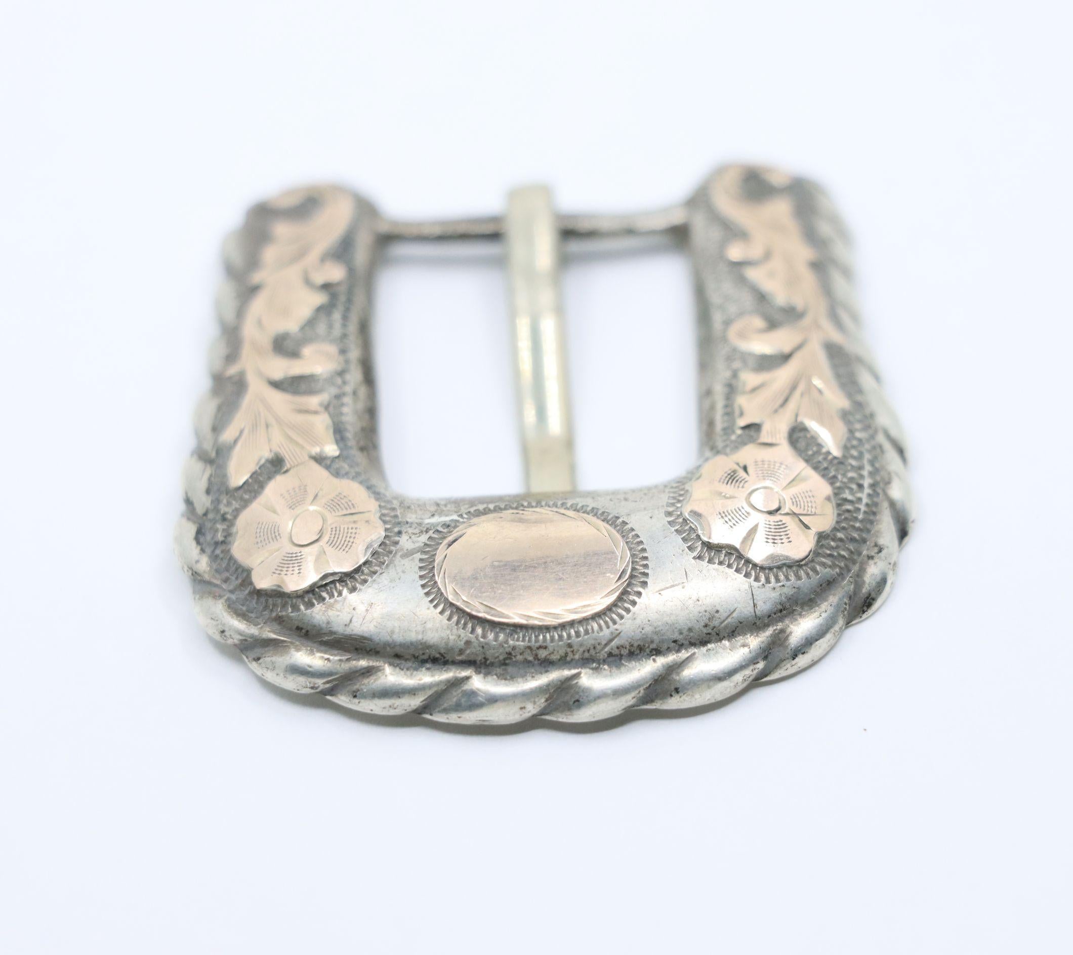 Vintage 10K Gold & Sterling Engraved Belt Buckle (boucle de ceinture) Bon état - En vente à Flushing, NY