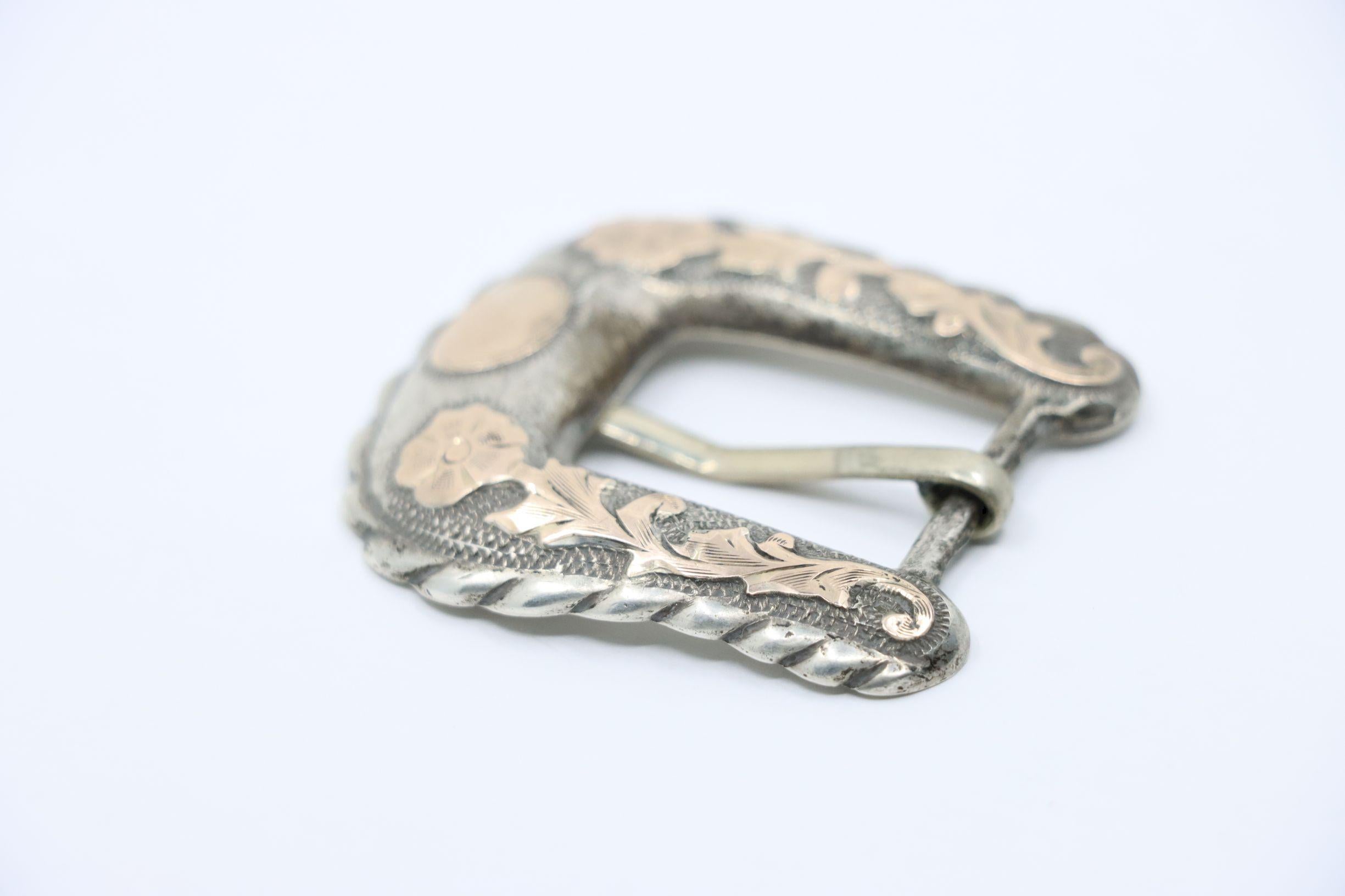 Vintage 10K Gold & Sterling Engraved Belt Buckle (boucle de ceinture) Pour femmes en vente