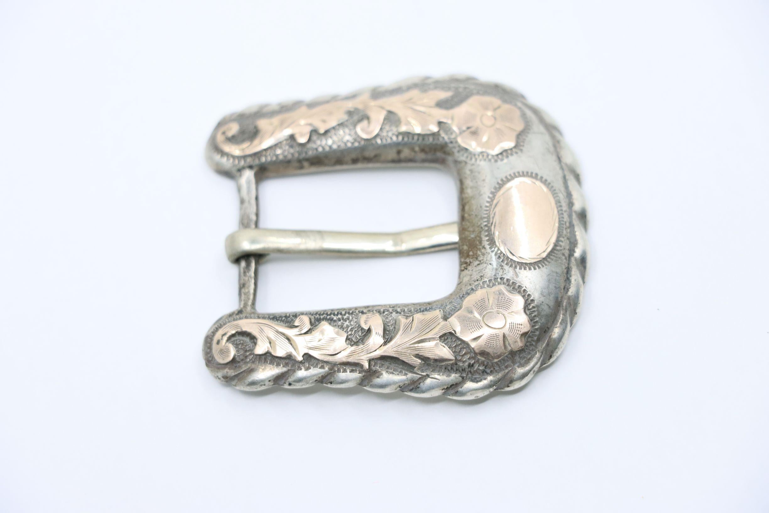 Vintage 10K Gold & Sterling Engraved Belt Buckle (boucle de ceinture) en vente 1