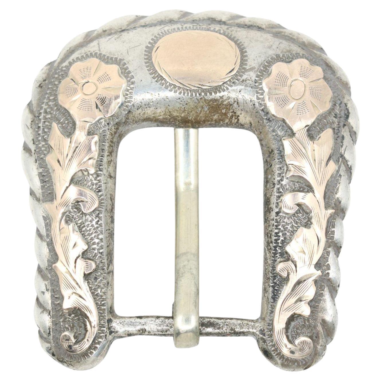 Vintage 10K Gold & Sterling Engraved Belt Buckle (boucle de ceinture)