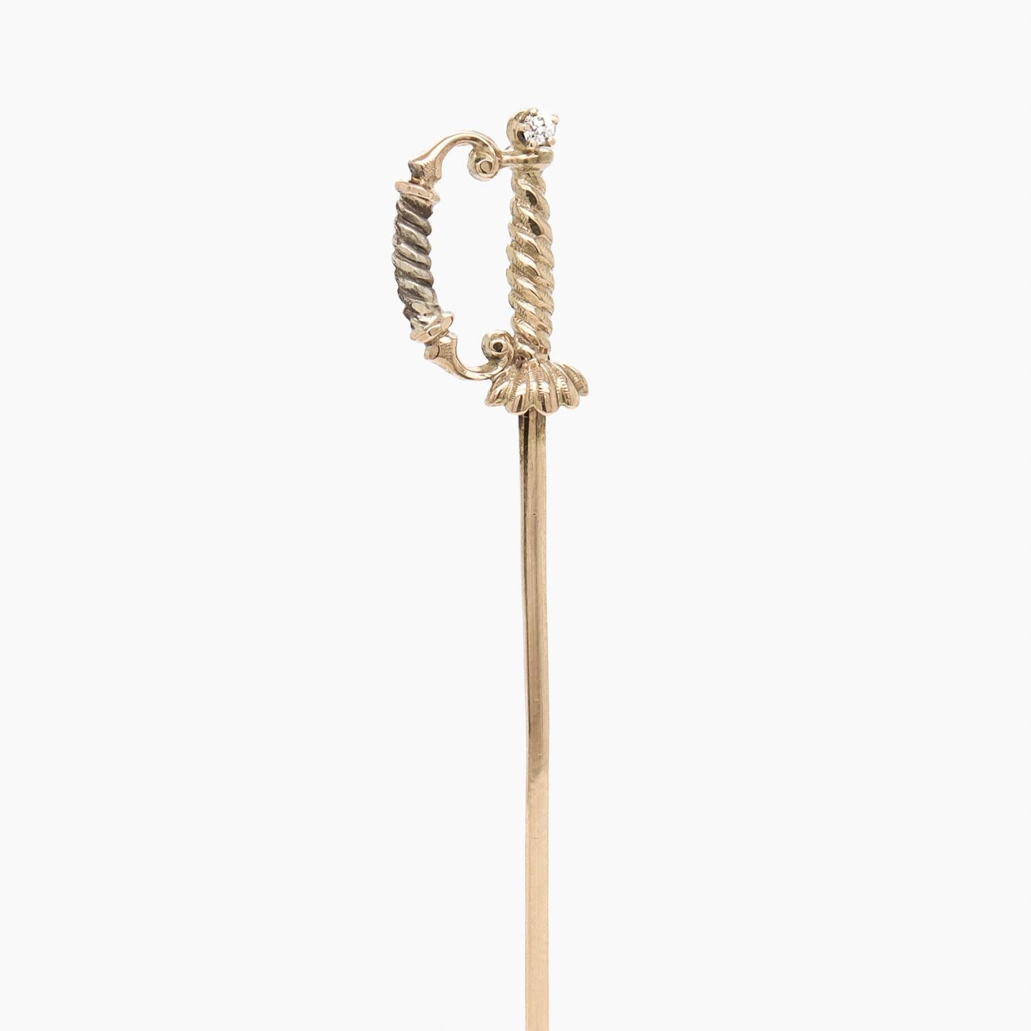 Round Cut Vintage 10K Gold, Sterling Silver, & Diamond Figural Small Sword Stickpin For Sale