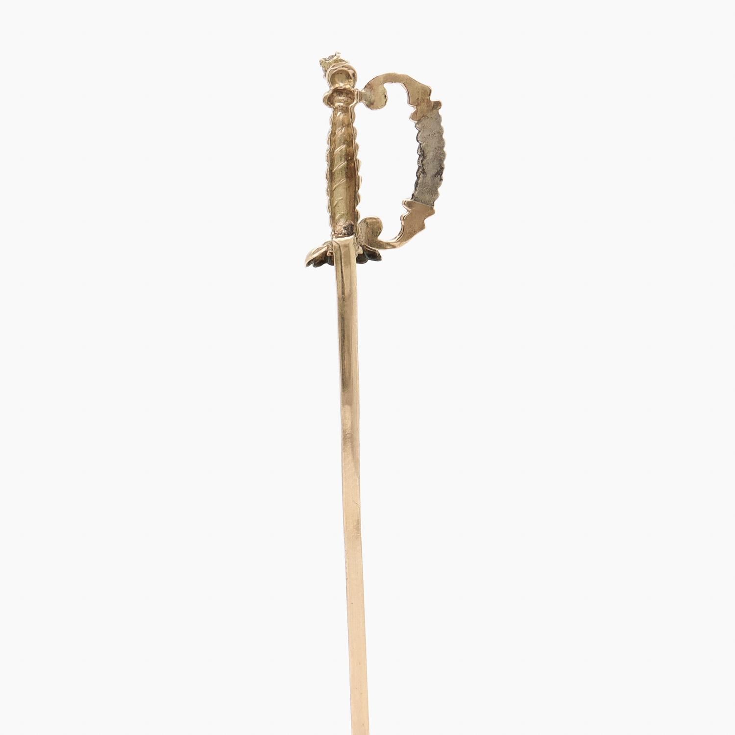 Women's or Men's Vintage 10K Gold, Sterling Silver, & Diamond Figural Small Sword Stickpin For Sale