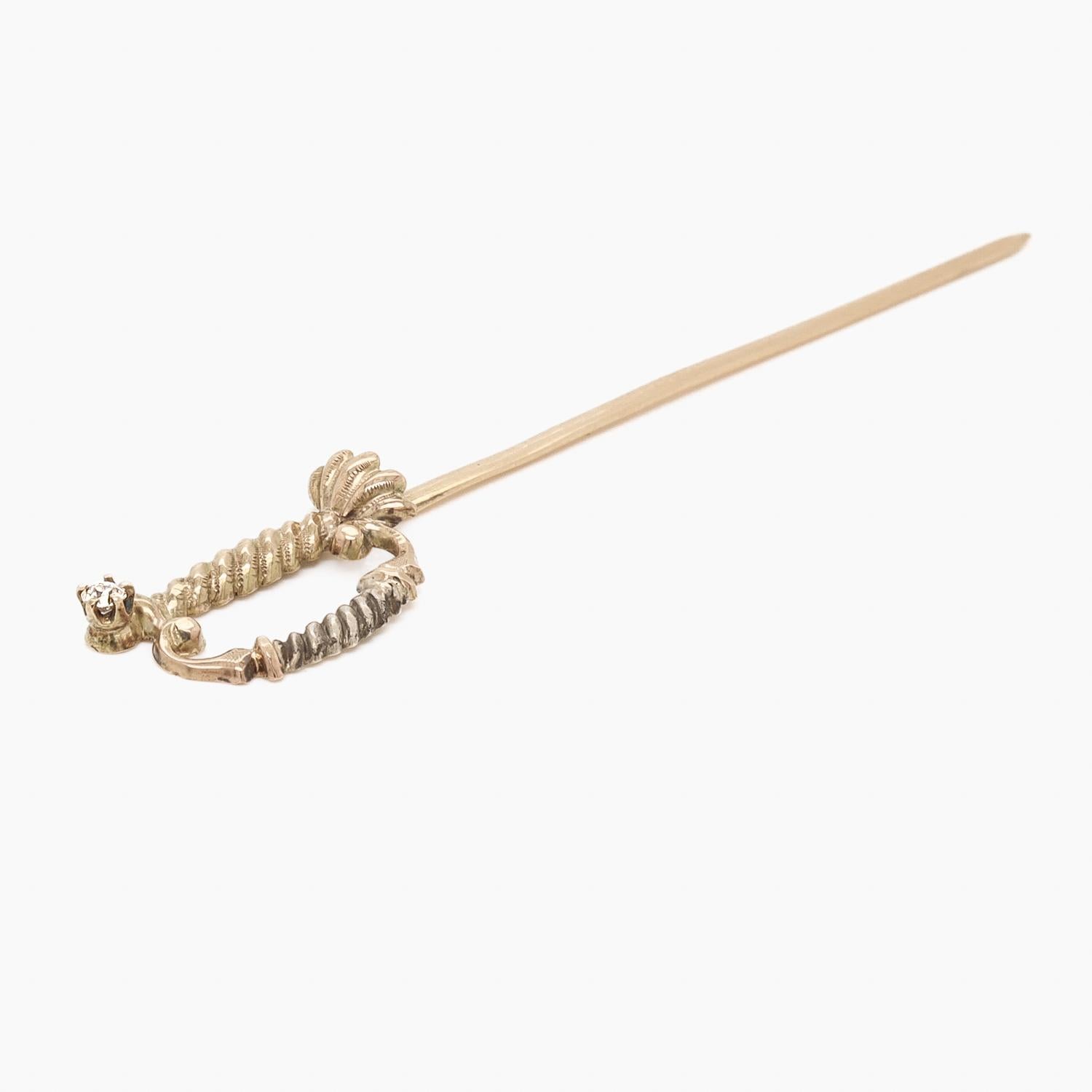 Vintage 10K Gold, Sterling Silver, & Diamond Figural Small Sword Stickpin For Sale 2