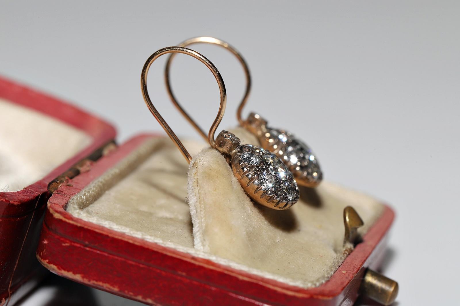 Taglio brillante Orecchini d'epoca in oro 10k e argento con diamanti naturali decorati in vendita